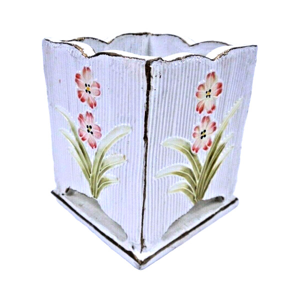 Vintage Square Wooden Hand Painted Storage Box Desk Organizer Ribbed Floral - Picture 1 of 4